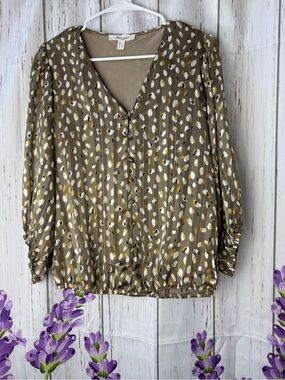 Maeve Olive Button-Front V-Neck Blouse with Abstract Dot Print